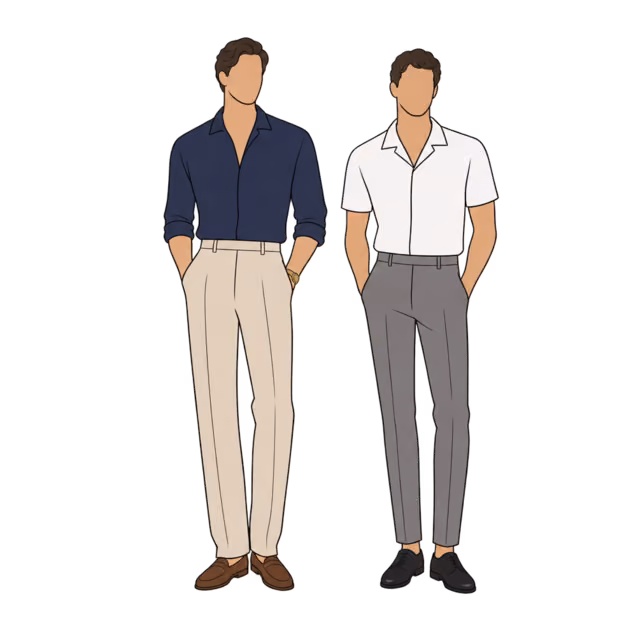 ผู้ชายสองคน คนหนึ่งใส่เสื้อลินินสีกรมท่า กางเกงสีทราย และโลเฟอร์ อีกคนใส่เสื้อเชิ้ตปกสีขาว กางเกงสีเทา และรองเท้าหนังสีดำ