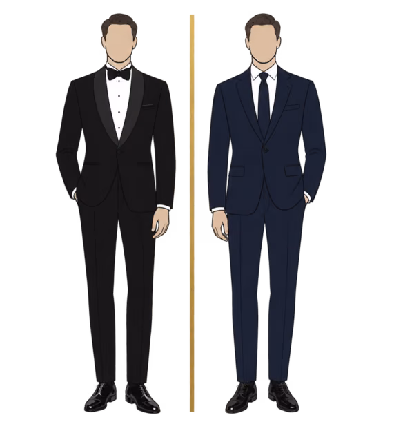 ภาพวาดไร้ใบหน้า ผู้ชายสองคน คนแรกใส่ Tuxedo สีดำกับ Bow Tie คนที่สองใส่สูทสีกรมเข้มกับเนคไทเรียบ