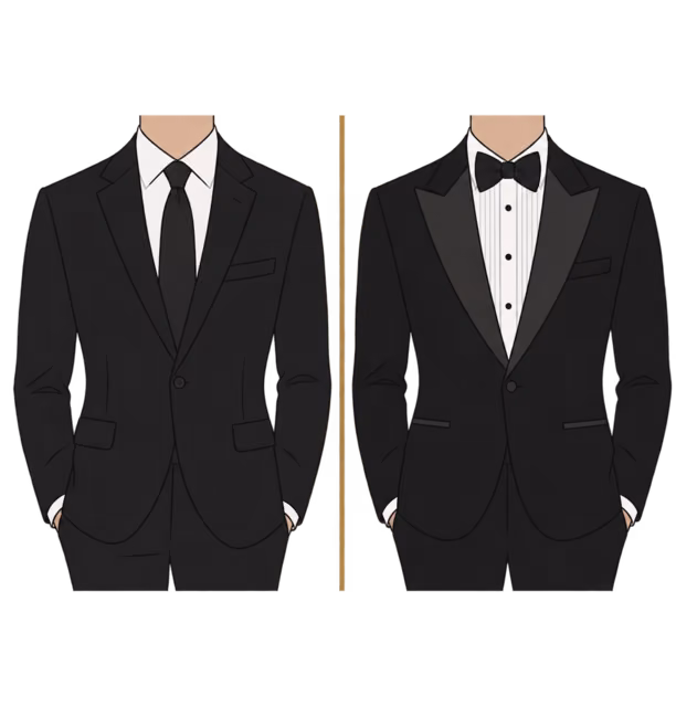 ภาพวาดไร้ใบหน้าช่วงลำตัว สูทสีดำพร้อมเนคไท และ Tuxedo สีดำปกซาตินพร้อม Bow Tie