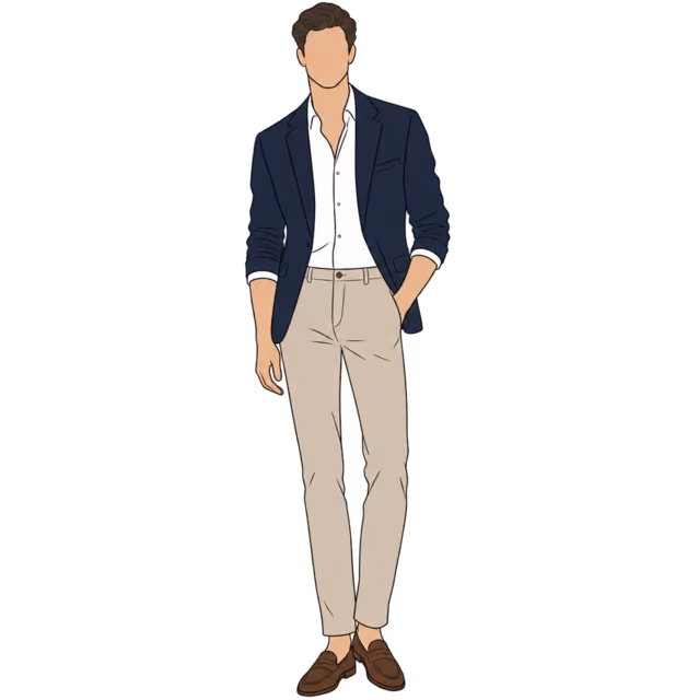 ผู้ชายคนเดิมใส่ Blazer สีกรมและ Chinos สีสโตน กับเสื้อเชิ้ตสีขาวเปิดคอ ไม่ถือกระเป๋า
