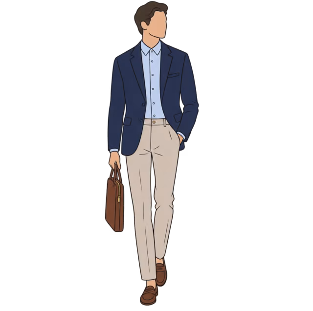 ผู้ชายใส่ Blazer สีกรม เสื้อเชิ้ตสีฟ้าติดกระดุมถึงคอ Chinos สีสโตน และ Loafer ถือกระเป๋าใส่แล็ปท็อป