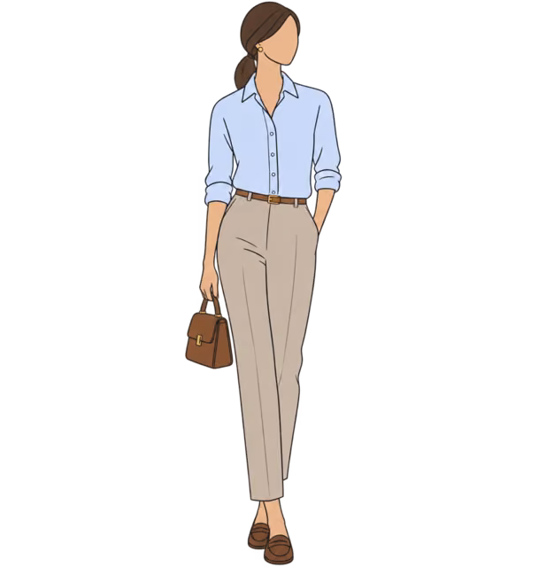 ผู้หญิงใส่เสื้อเชิ้ตสีฟ้าอ่อน Chinos สีสโตน Loafer สีน้ำตาลและกระเป๋าถือใบเล็ก