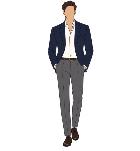 ผู้ชายใส่ Blazer สีกรม เสื้อเชิ้ตสีขาวเปิดคอ กางเกงสแล็คสีเทาและรองเท้า Derby สีน้ำตาลเข้ม