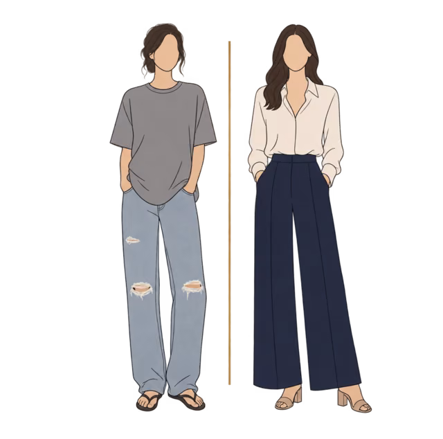 ผู้หญิงใส่เสื้อยืดสีเทา ยีนส์ขาด และรองเท้าแตะ เทียบกับผู้หญิงใส่ Blouse ไหมสีครีม กางเกงขากว้างสีกรม และ Mule ส้นเตี้ย