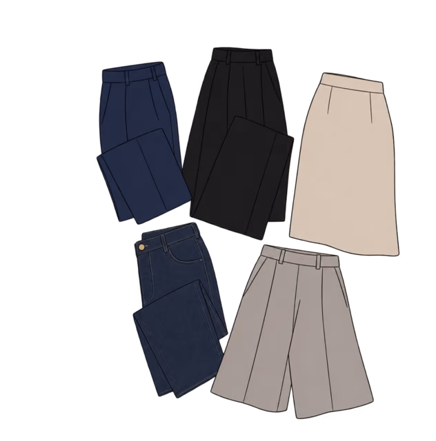 Flat lay กางเกงสีกรม กางเกงขากว้างสีดำ กระโปรง Midi สีทราย ยีนส์เข้ม และกางเกง Culottes สีสโตน