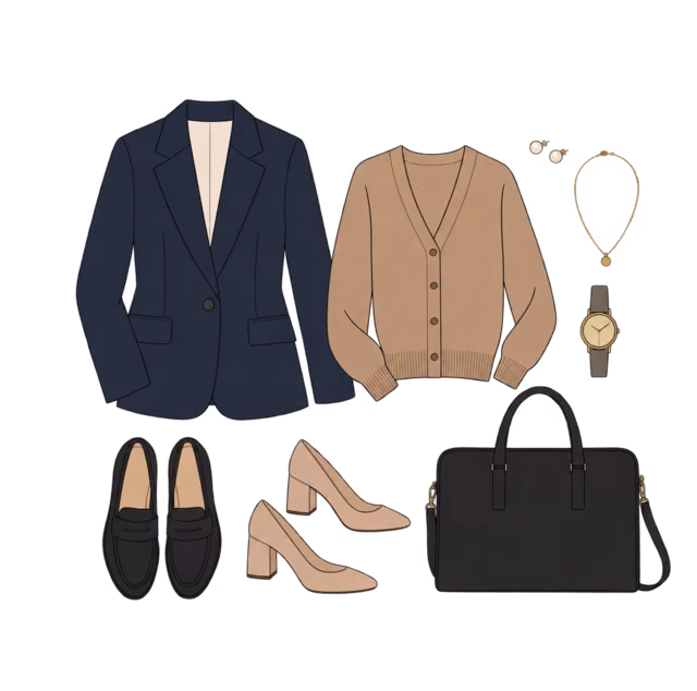 Flat lay Blazer สีกรม คาร์ดิแกนสีแคเมล Loafer รองเท้าส้นบล็อก กระเป๋าทำงาน ต่างหูมุก สร้อยคอ และนาฬิกา