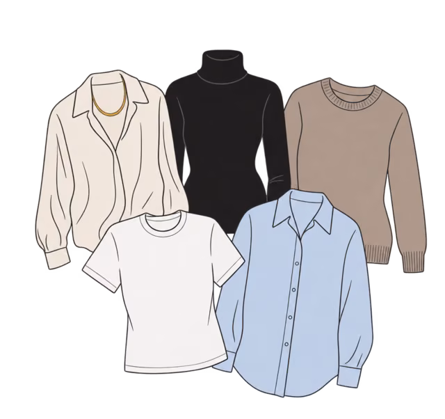 Flat lay เสื้อ Blouse ผ้าไหมสีงาช้าง เสื้อคอเต่าสีดำ เสื้อ Knit สีเทาน้ำตาล เสื้อยืดสีขาว และเสื้อเชิ้ตสีฟ้าอ่อน