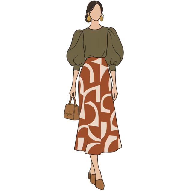 ผู้หญิงใส่กระโปรง Midi ลายเรขาคณิตสีสนิม เสื้อ Blouse แขนพองสีเขียวโอลีฟ ต่างหูทอง และ Mule สีแทน