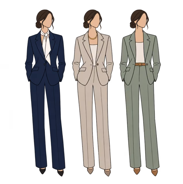ผู้หญิงสามคนใส่กางเกงและ Blazer ทรงเดียวกันในสีกรม สีสโตน และสีเขียวเซจ พร้อมเครื่องประดับต่างกัน