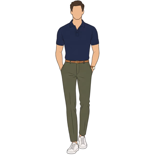 ผู้ชายไม่เห็นหน้าใส่ Chinos สีมะกอก โปโลนิตสีกรม และสนีกเกอร์หนังสีขาว