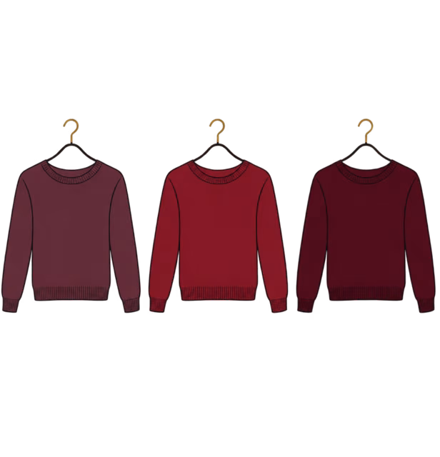 Three burgundy sweaters in muted blackberry, clear cherry and deep wine