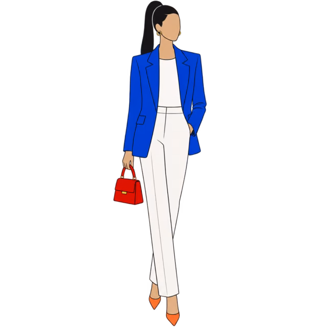 A woman in a cobalt blazer, white trousers, a red bag and apricot heels