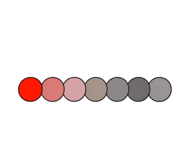 A row of seven red discs fading from vivid red through dusty rose to grey
