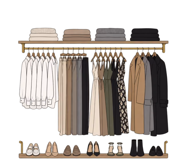 ตู้เสื้อผ้าที่จัดเสื้อเชิ้ต กางเกง เดรส และโค้ตเป็นกลุ่มบนราว มีไหมพรมพับอยู่ด้านบนและรองเท้าด้านล่าง