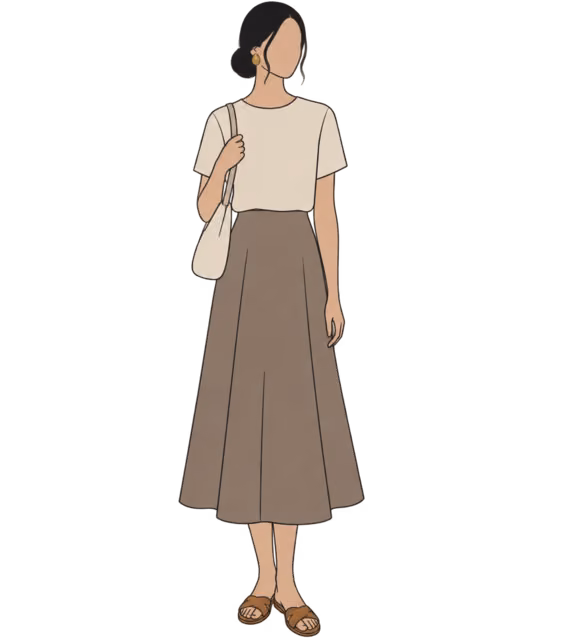 ภาพวาดไร้ใบหน้า ผู้หญิงสวมเสื้อสีทรายแขนสั้น กระโปรงมิดิสีเทาน้ำตาล และรองเท้าแตะหนังสีแทนพร้อมกระเป๋าสะพาย