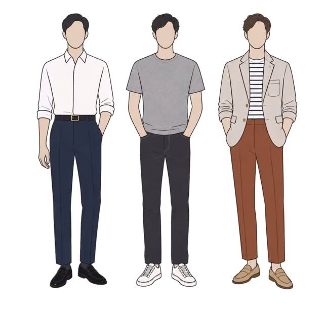 ภาพวาดไร้ใบหน้า ผู้ชายสามคนในสไตล์ Business Casual คนแรกเชิ้ตขาวกางเกงกรม คนที่สองเสื้อยืดเทากับยีนส์ คนที่สามเบลเซอร์ลินินกับกางเกงสีอิฐ