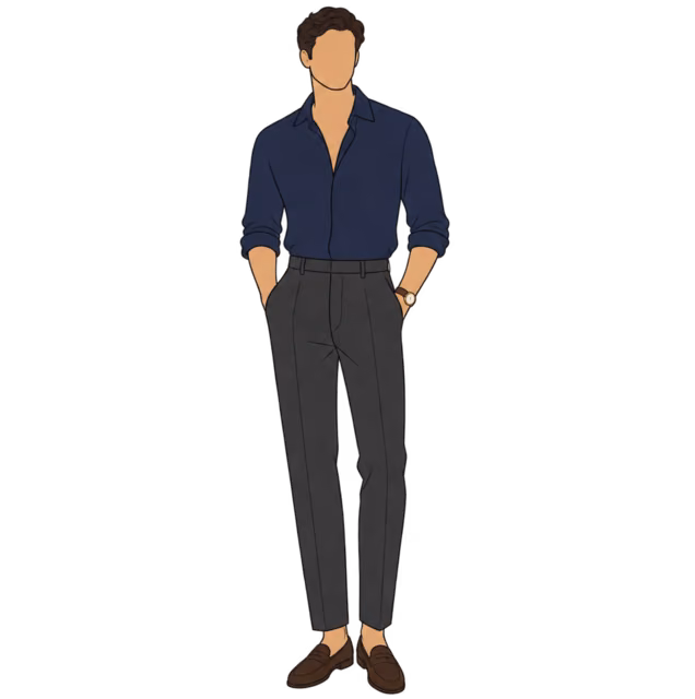 ผู้ชายในเสื้อลินินสีกรมท่า กางเกงวูลเขตร้อนสีชาร์โคล และโลฟเฟอร์สีน้ำตาล