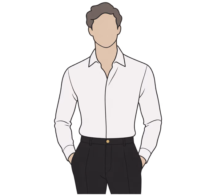 ผู้ชายใส่เสื้อเชิ้ตสีขาวเรียบตึงพอดี หน้าอกเรียบ แขนยาวถึงข้อมือ เก็บชายเข้ากางเกงสีดำ