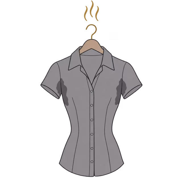เสื้อเชิ้ตโพลีเอสเตอร์สีเทารัดรูป มีรอยเหงื่อใต้วงแขน