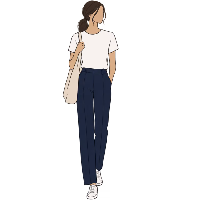 ผู้หญิงในกางเกงสีกรม เสื้อยืดสีขาว รองเท้าผ้าใบขาว และกระเป๋าผ้า