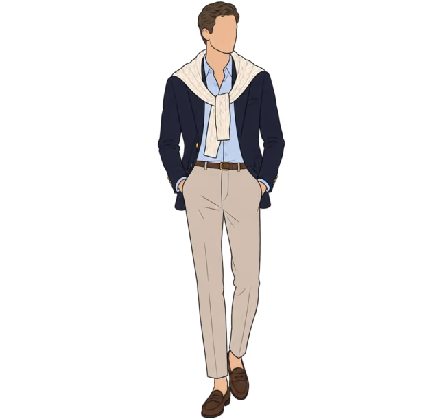 ผู้ชายไร้ใบหน้าในเบลเซอร์สีกรมท่า เสื้อ Oxford สีฟ้าอ่อน สเวตเตอร์สีครีมพาดไหล่ กางเกง Chinos สีหิน และโลฟเฟอร์สีน้ำตาล