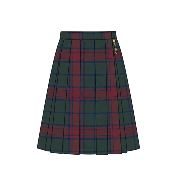 กระโปรงพลีตลาย Tartan สีเขียวป่าและเบอร์กันดีหม่นๆ