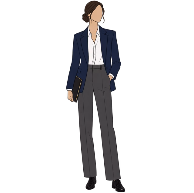 ผู้หญิงใส่กางเกงสีเทาชาร์โคล เสื้อเชิ้ตสีขาว Blazer สีกรม และรองเท้าหนังผูกเชือกสีดำ