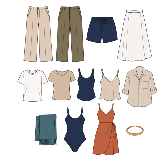 ภาพวางเรียงชุดเดินทางแบบ Capsule ได้แก่ กางเกง กระโปรง เสื้อ ชุดว่ายน้ำ และเดรส