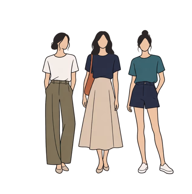 ภาพวาดสามลุคที่ใช้เสื้อผ้าชุดเดียวกัน 6 ชิ้นมาสลับกัน