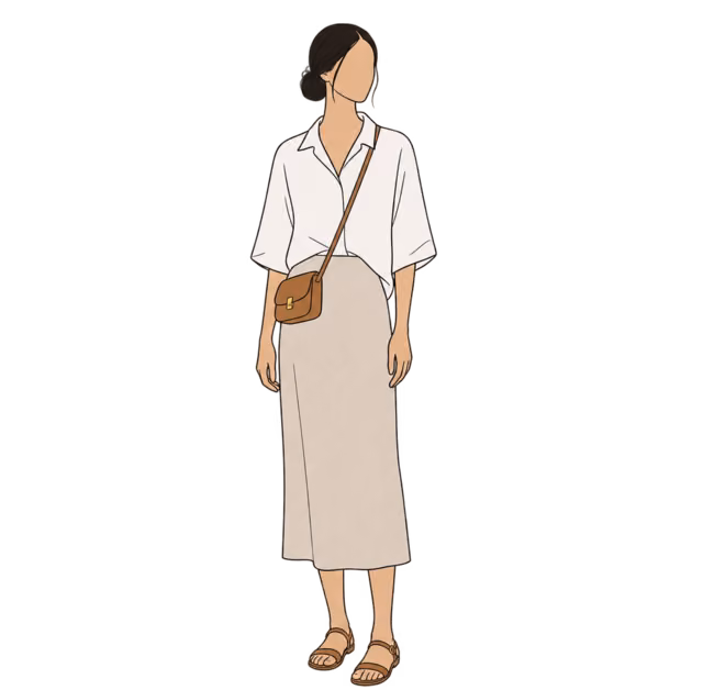 ภาพวาดผู้หญิงไม่เห็นหน้าในเสื้อเชิ้ตลินินสีขาวแขนปิดไหล่ กระโปรงยาวสีเบจ และรองเท้าแตะ