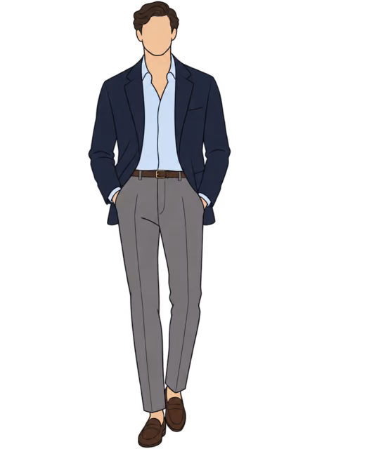 ผู้ชายไร้ใบหน้าใส่ Blazer สีกรม เสื้อเชิ้ตสีฟ้าอ่อนเปิดคอ กางเกงสีเทา และโลฟเฟอร์สีน้ำตาล