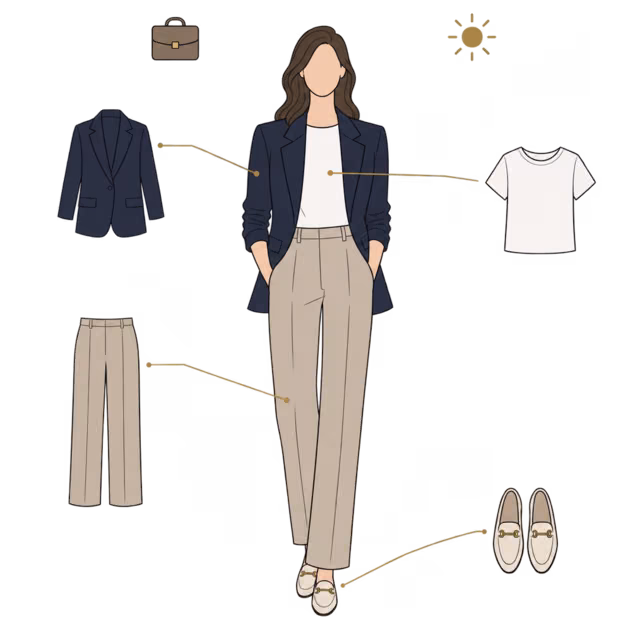 หน้า Lookbook หนึ่งหน้า แสดงผู้หญิงใส่ Blazer สีกรม เสื้อยืดขาว กางเกงสีทราย และโลฟเฟอร์ มีเส้นสีทองโยงไปยังแต่ละชิ้น และไอคอนกระเป๋าเอกสารกับดวงอาทิตย์