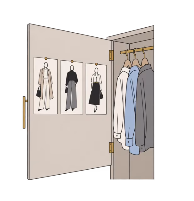 ประตูตู้เสื้อผ้าที่เปิดอยู่ มีหน้า Lookbook ที่พิมพ์ออกมาติดไว้สามหน้า