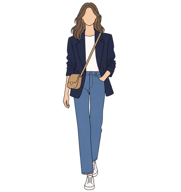 ผู้หญิงไร้ใบหน้าใส่ Blazer สีกรม เสื้อยืดขาว ยีนส์สีฟ้า และสนีกเกอร์ขาว