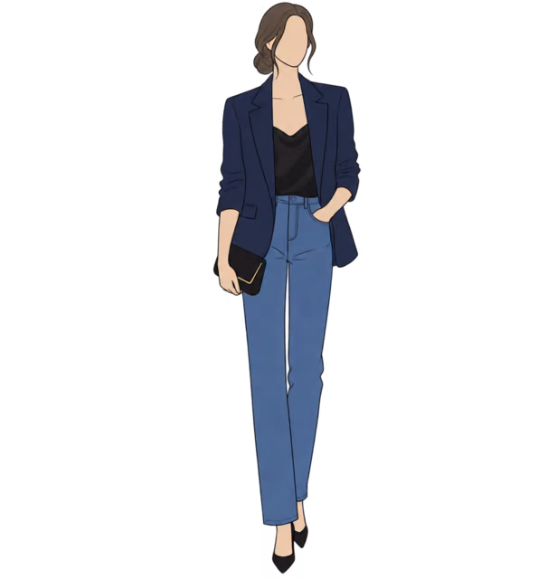 ผู้หญิงไร้ใบหน้าใส่ Blazer สีกรมตัวเดิมทับเสื้อสายเดี่ยวสีดำ ยีนส์ตัวเดิม รองเท้าส้นสูงดำ และคลัตช์