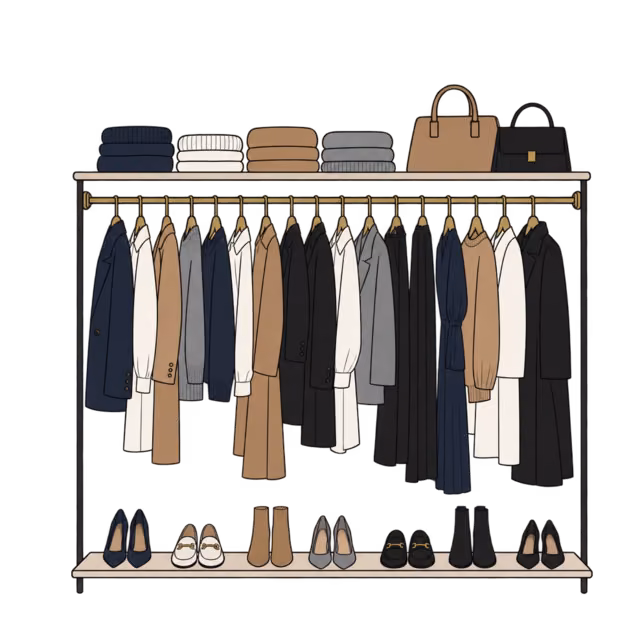 ราวเสื้อผ้า ชั้นวาง และรองเท้าเป็นระเบียบในโทนกรมท่า ขาว แคเมล เทา และดำ