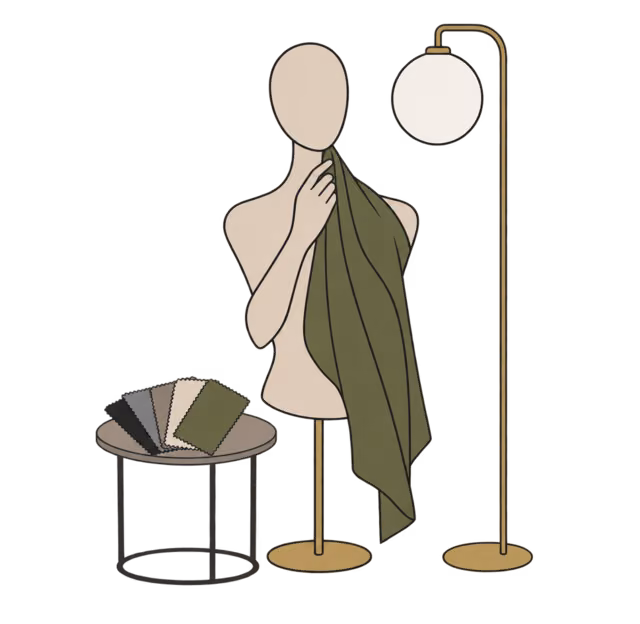 หุ่นโชว์คลุมผ้า Drape สีโอลีฟใต้คาง ข้างโคมไฟตั้งพื้นและผ้าตัวอย่างที่คลี่เป็นพัด