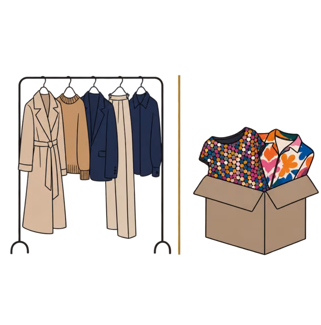 ราวเสื้อผ้าโทนทราย แคเมล กรมท่า ข้างกล่องเสื้อลายฉูดฉาดที่คัดออก