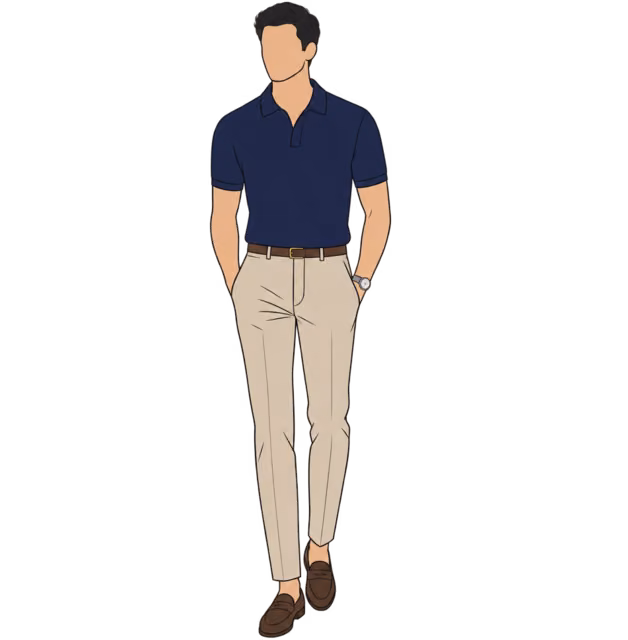 ผู้ชายใส่โปโลนิตสีกรม Chinos สีทราย และ Loafer หนังสีน้ำตาล