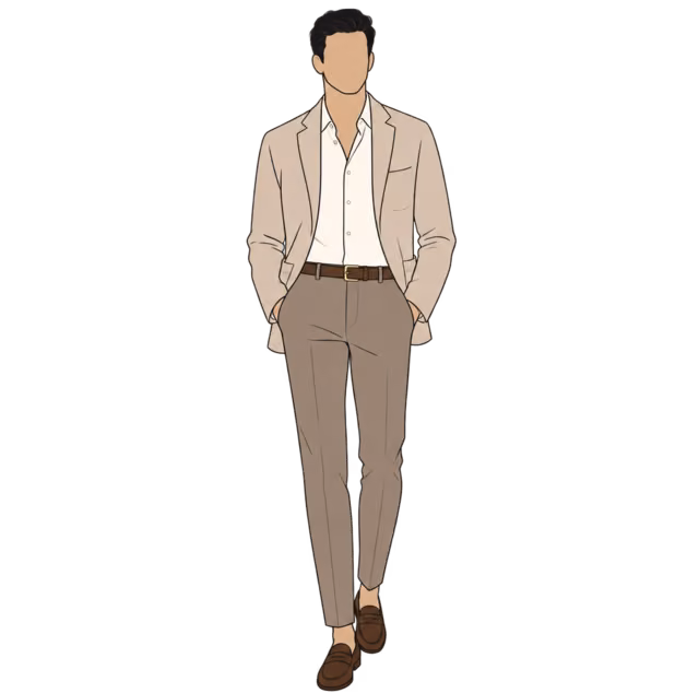 ผู้ชายใส่ Chinos สีเทาน้ำตาล เสื้อเชิ้ตสีงาช้างเปิดคอ Blazer สีทรายอ่อน และ Loafer หนัง