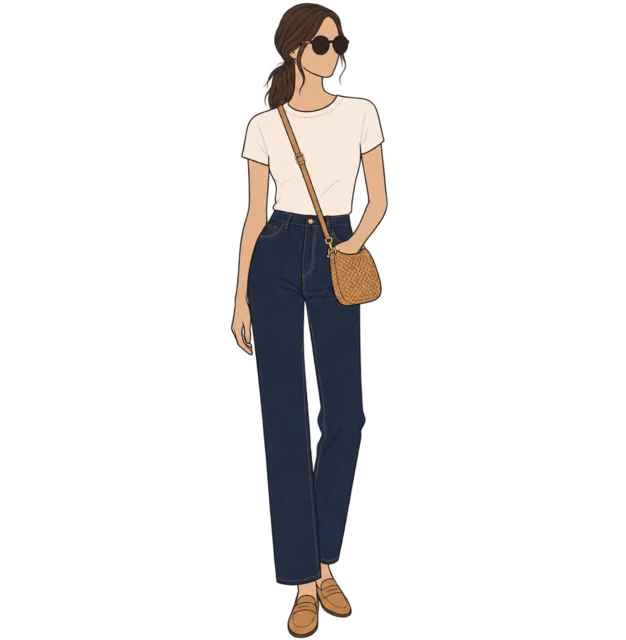 ผู้หญิงใส่ยีนส์สีเข้ม เสื้อยืดสีงาช้าง Loafer สีแคเมล และกระเป๋าสะพายสาน