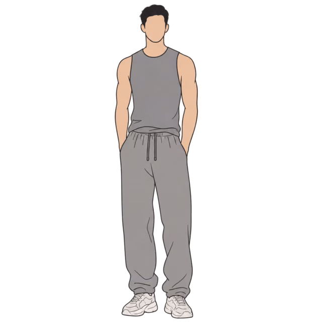 ผู้ชายใส่เสื้อกล้ามกีฬาสีเทา กางเกงวอร์ม และรองเท้าวิ่งสีขาว