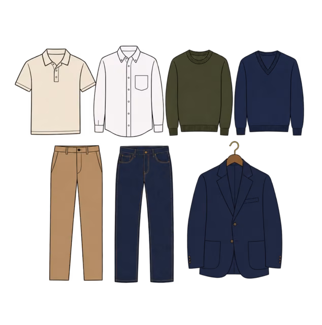 ชุดไอเท็มวางเรียงของโปโล เสื้อ Oxford เสื้อนิตสองตัว Chinos ยีนส์เข้ม และ Blazer สีกรม