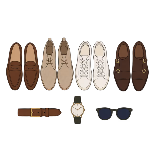 ชุดรองเท้าและอุปกรณ์เสริมวางเรียง Loafer บูทหนังกลับ สนีกเกอร์ขาว Monk Strap เข็มขัด นาฬิกา และแว่นกันแดด