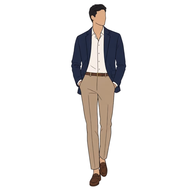 ผู้ชายใส่ Chinos สีแทน เสื้อเชิ้ตสีงาช้าง Blazer สีกรม และ Loafer