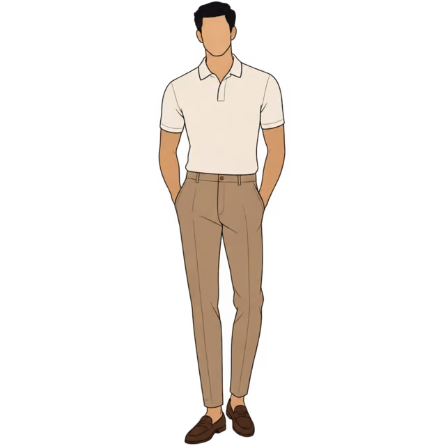 ผู้ชายใส่โปโลทรงพอดีตัวและ Chinos ทรงเรียว คู่กับ Loafer