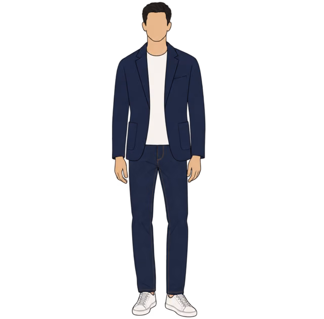 ผู้ชายคนเดิมใส่ยีนส์ เสื้อยืด และสนีกเกอร์ พร้อมเพิ่ม Blazer สีกรม
