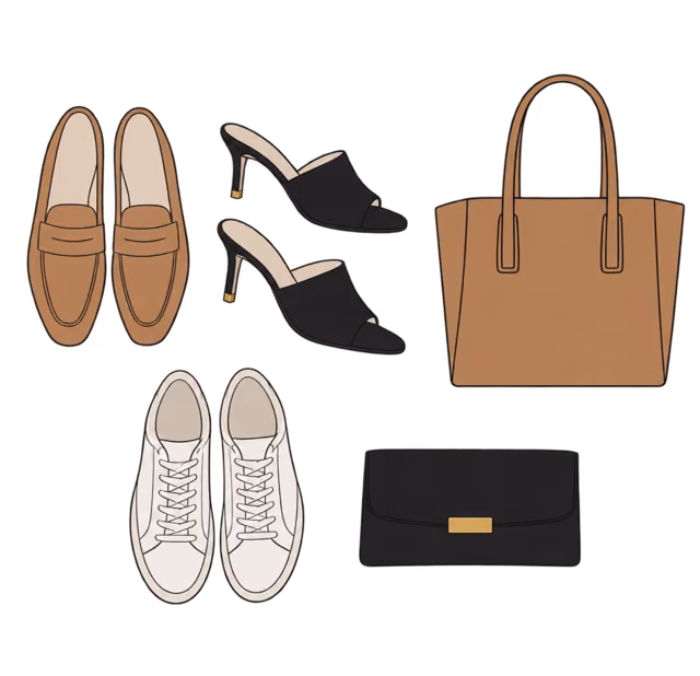 โลฟเฟอร์ Mule ส้นสูง สนีกเกอร์ขาว กระเป๋า Tote สีแคมเมล และ Clutch สีดำ