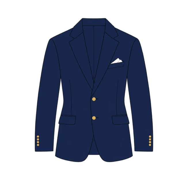 ภาพวาด Blazer สีกรมกระดุมโลหะสีทอง มีผ้าเช็ดหน้าสีขาวที่กระเป๋า