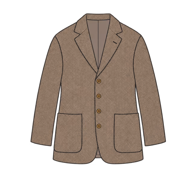ภาพวาด Sport Coat ผ้าทวีดลายก้างปลาสีน้ำตาล มีกระเป๋าแปะและกระดุมเขาสัตว์